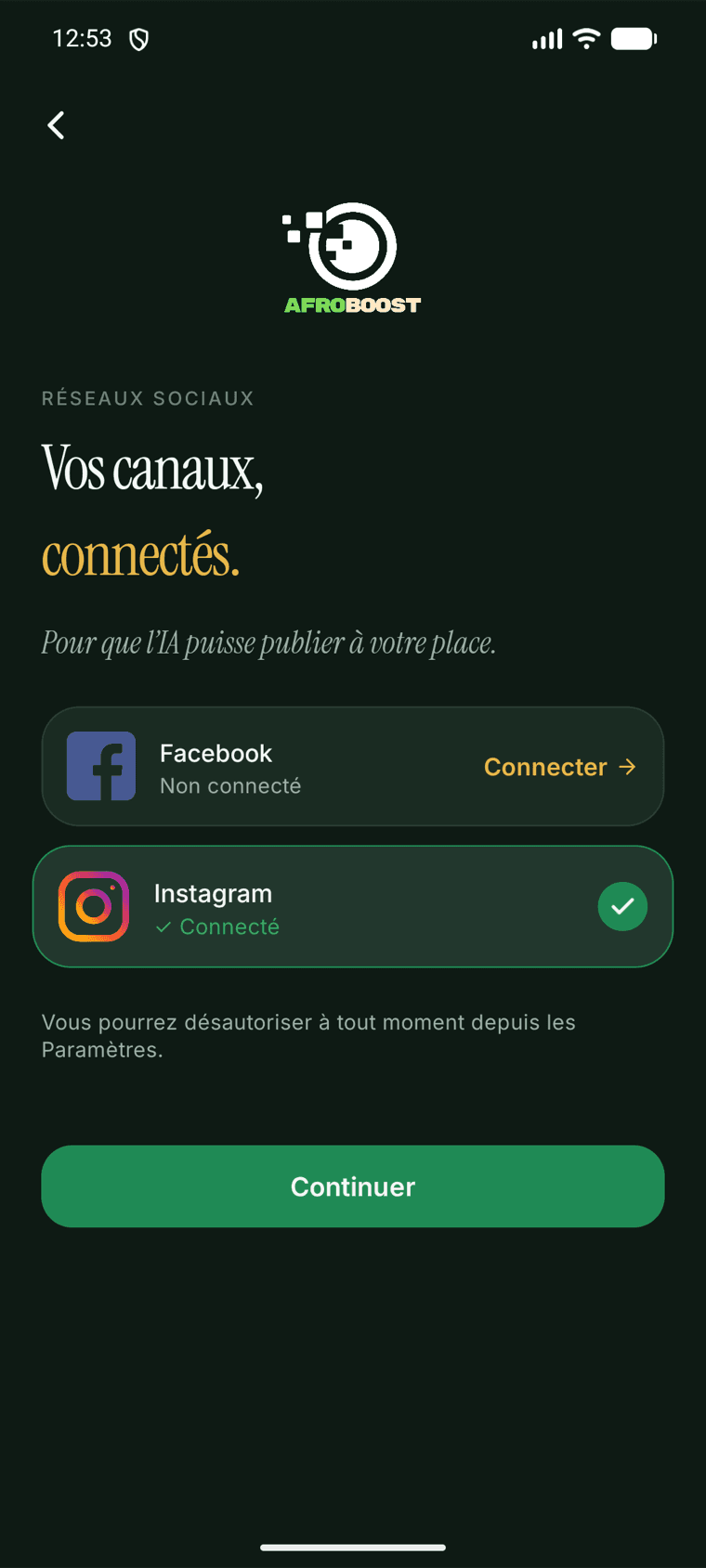 L’écran « Vos canaux, connectés » : Facebook et Instagram, à relier pour que l’IA puisse publier à la place du commerçant