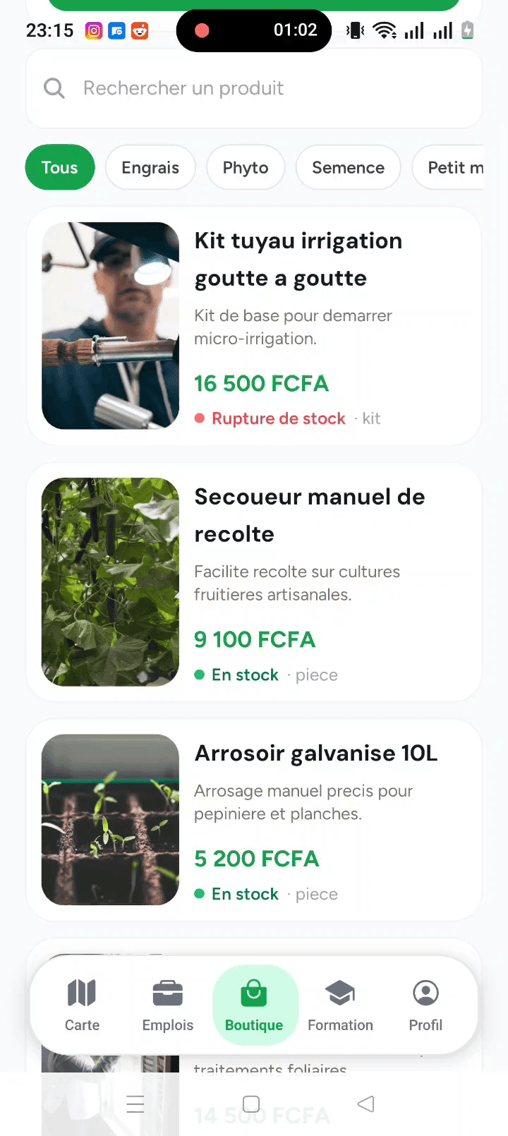 La boutique d’intrants : prix en francs CFA, état du stock et unité de vente par produit