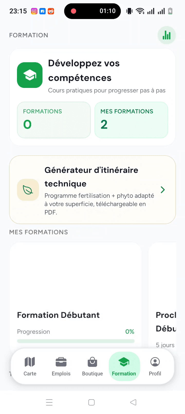 L’espace formation, avec le générateur d’itinéraire technique et les formations en cours