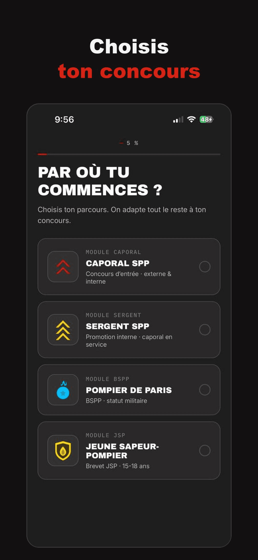 Le choix du concours : Caporal SPP, Sergent SPP, Pompier de Paris, Jeune Sapeur-Pompier