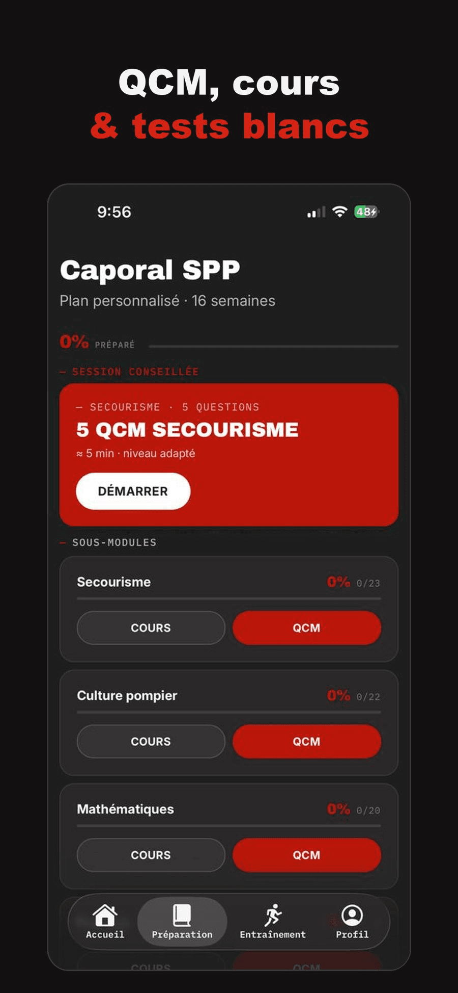 Le module Caporal SPP : session conseillée, cours et QCM par catégorie