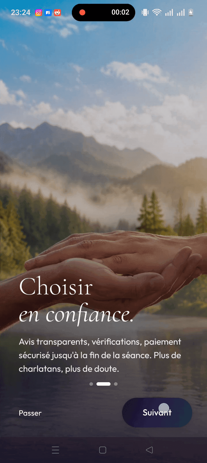 L’écran d’accueil : « Choisir en confiance — avis transparents, vérifications, paiement sécurisé jusqu’à la fin de la séance »