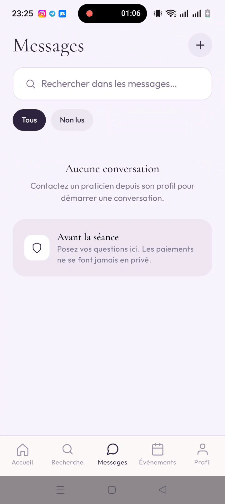 La messagerie vide, avec le rappel « avant la séance : les paiements ne se font jamais en privé »