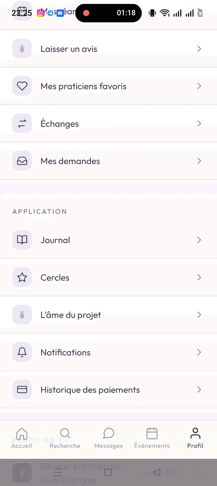 Le profil : avis, praticiens favoris, échanges, demandes, journal, cercles, notifications et historique des paiements