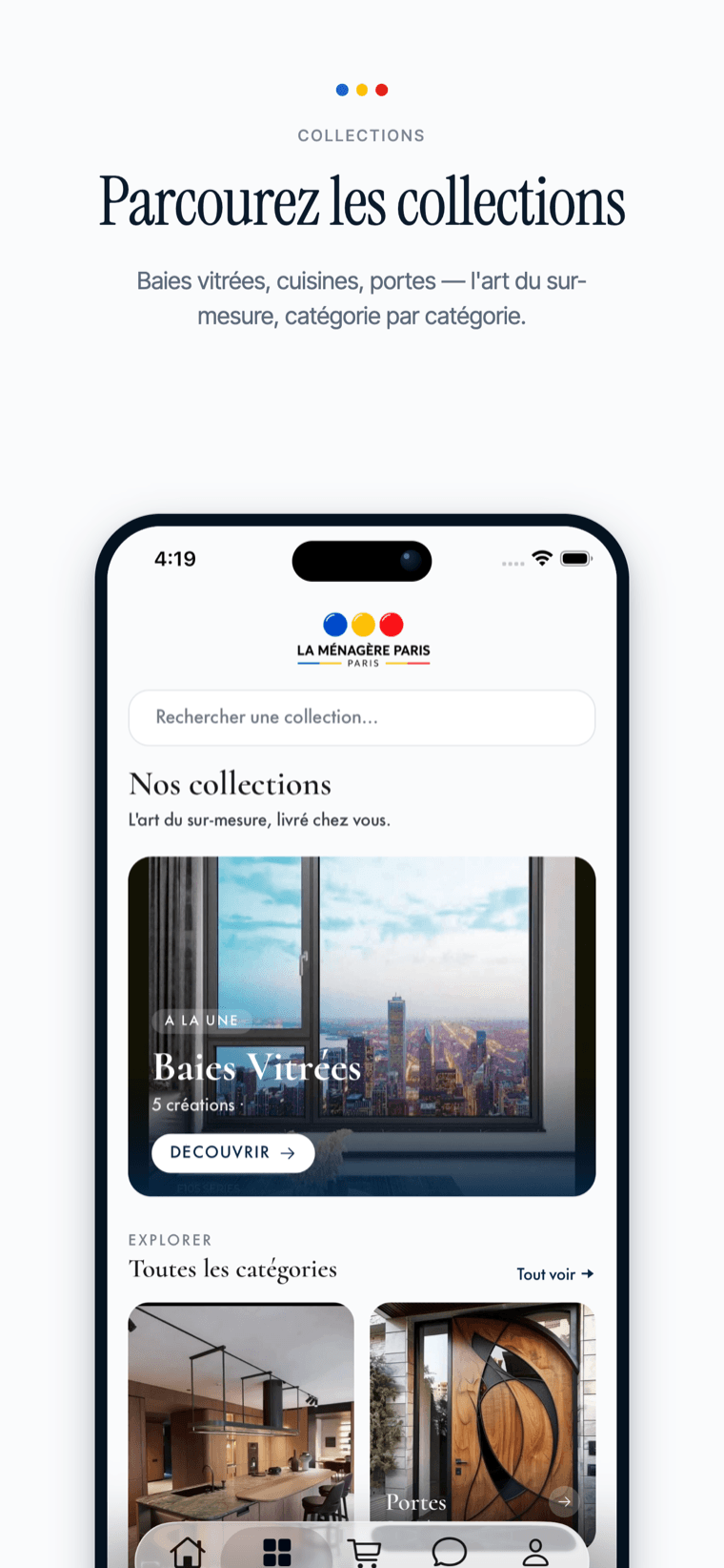 Le catalogue : « Nos collections », la collection Baies vitrées à la une, puis toutes les catégories