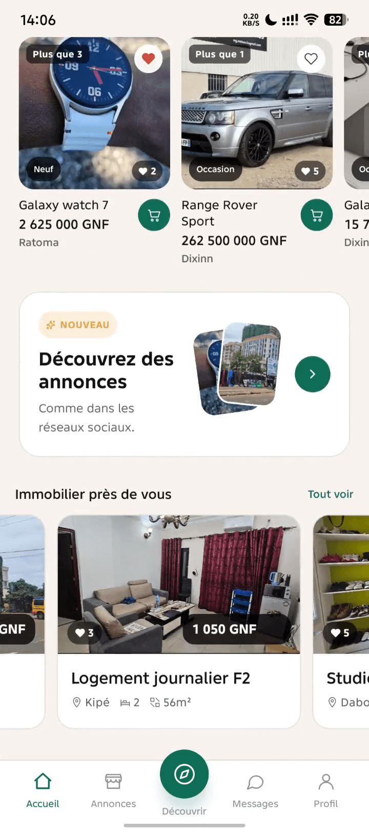 L’accueil de l’application en français : produits populaires, annonces à découvrir et immobilier près de soi