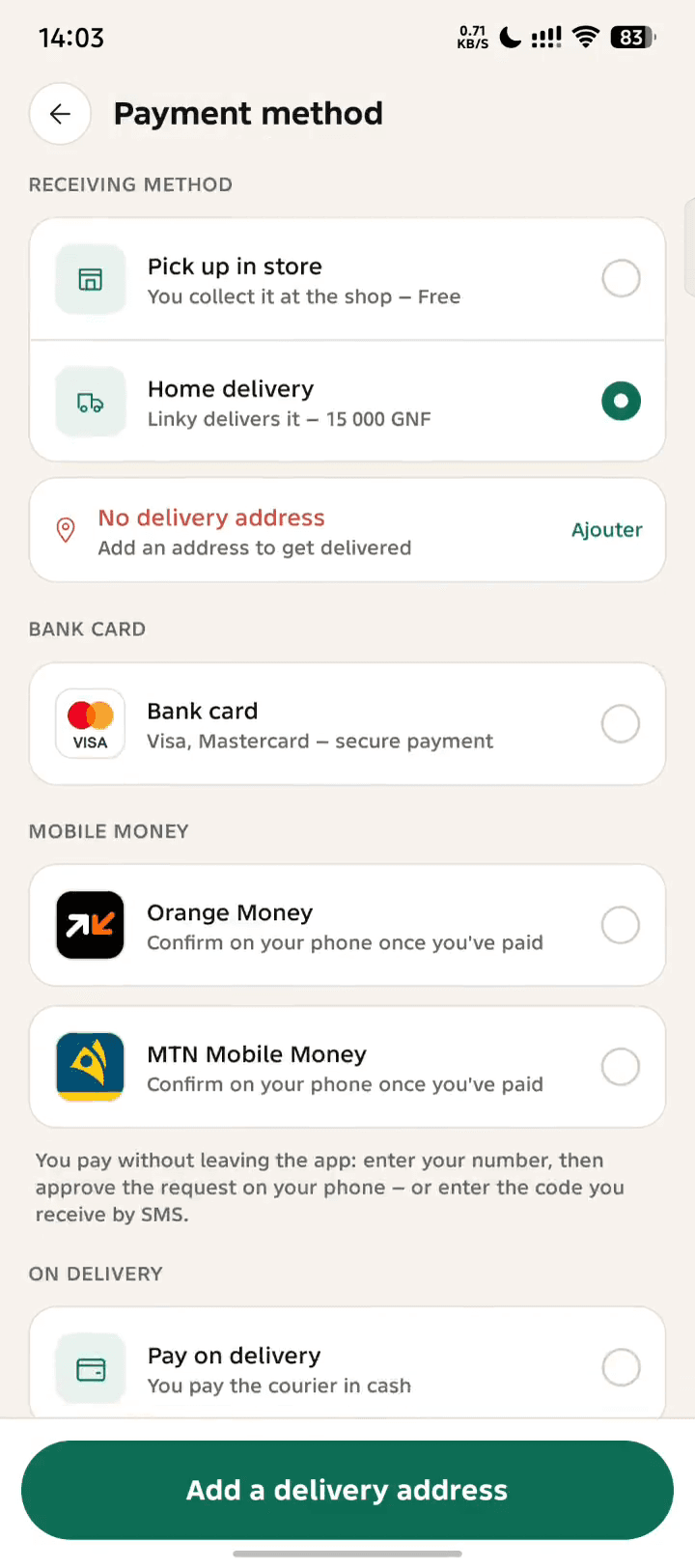 Les moyens de paiement : retrait en boutique ou livraison, carte bancaire, Orange Money, MTN Mobile Money et paiement à la livraison