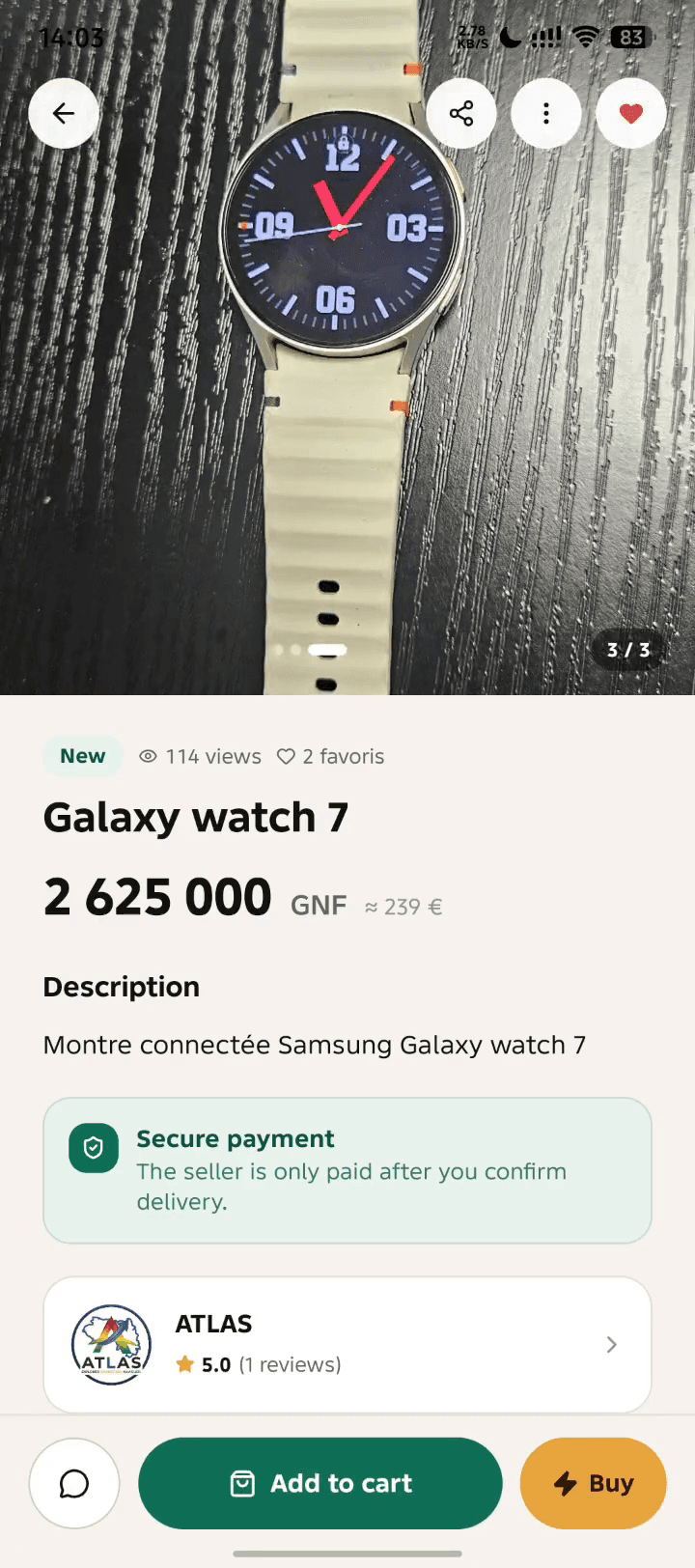 Une fiche produit : montre connectée à 2 625 000 GNF, avec la mention paiement sécurisé — le vendeur n’est payé qu’après confirmation de la livraison