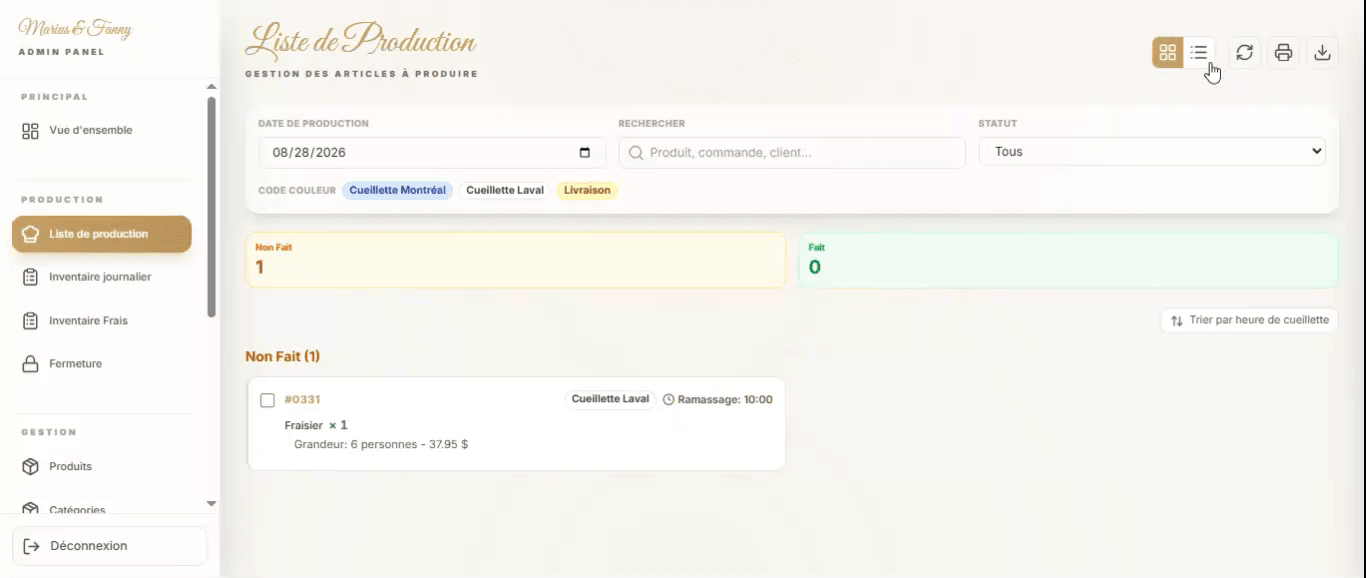 La liste de production du jour, filtrée par date et par statut, avec le code couleur des cueillettes