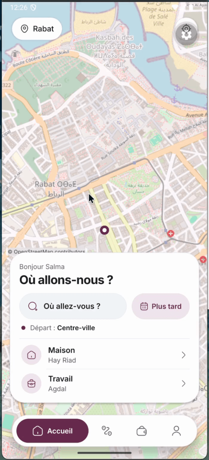 L’accueil de l’application passagère : « Où allons-nous ? », départ à Rabat et adresses enregistrées