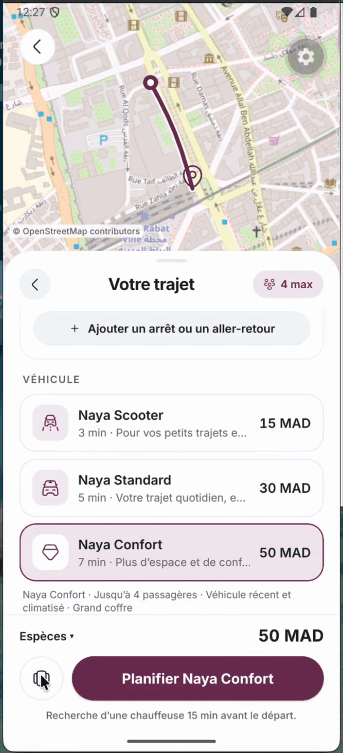Le choix du véhicule : Naya Scooter, Standard et Confort, chacun avec son prix avant confirmation
