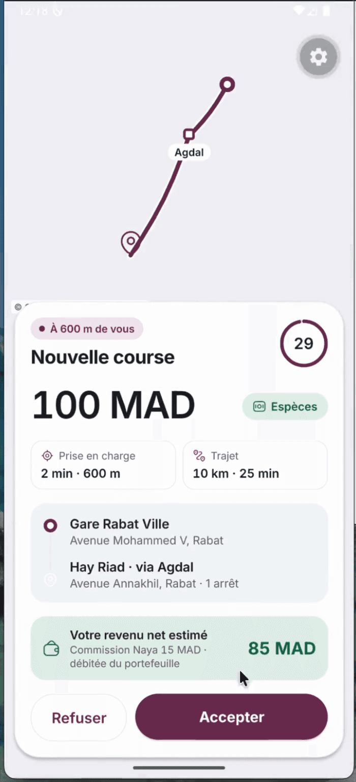 Une nouvelle course côté chauffeuse : prix, distance, trajet et revenu net estimé, à accepter ou refuser