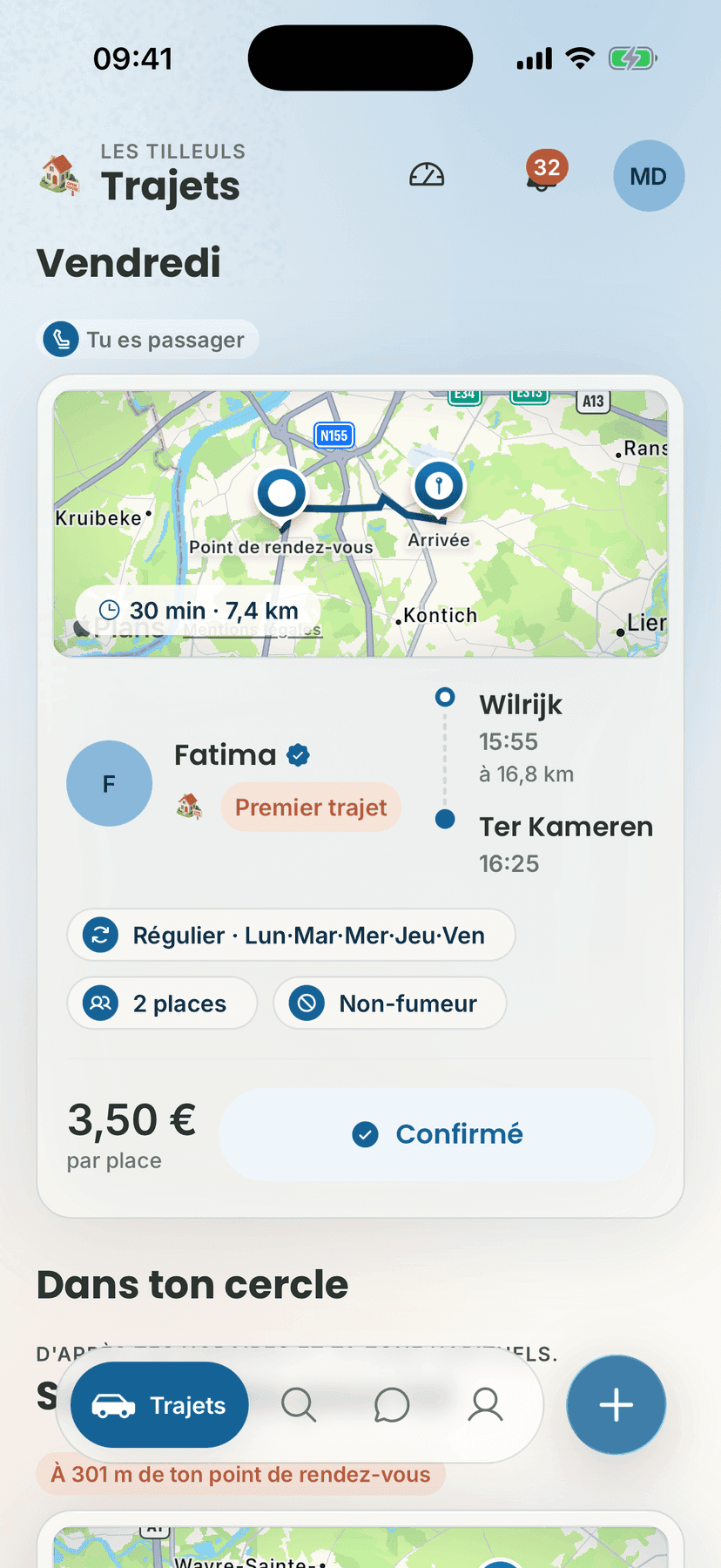 L’accueil « Trajets » : un trajet confirmé où la collègue est passagère, sa carte d’itinéraire, et « Dans ton cercle » en dessous