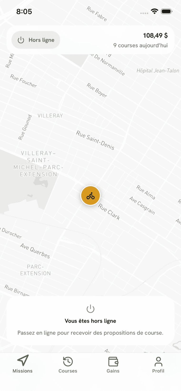 L’onglet Missions de l’app livreur : la carte de Montréal et les gains du jour